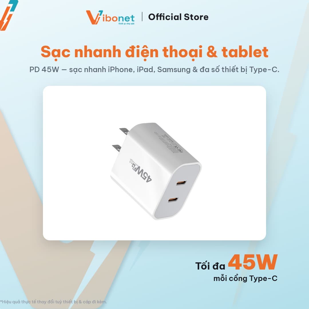 Củ sạc nhanh Vibonet 45W GaN 2 cổng Type-C (PD) 9
