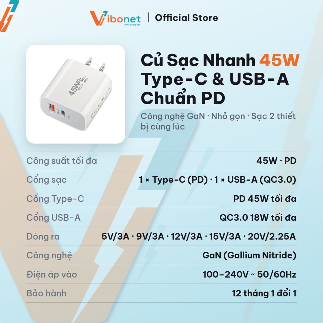 Củ sạc nhanh Vibonet 45W GaN Type-C + USB-A (PD) 2