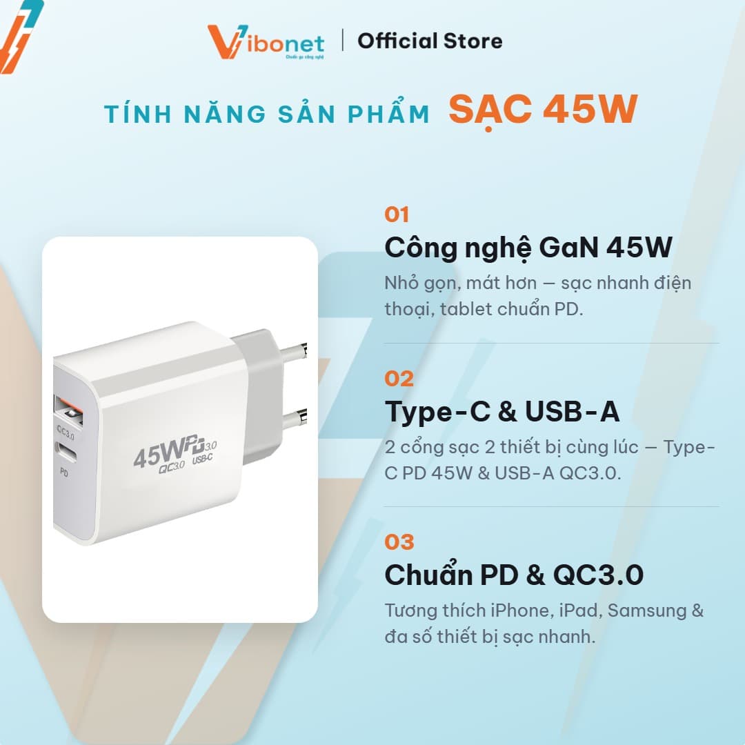 Củ sạc nhanh Vibonet 45W GaN Type-C + USB-A (PD) 3