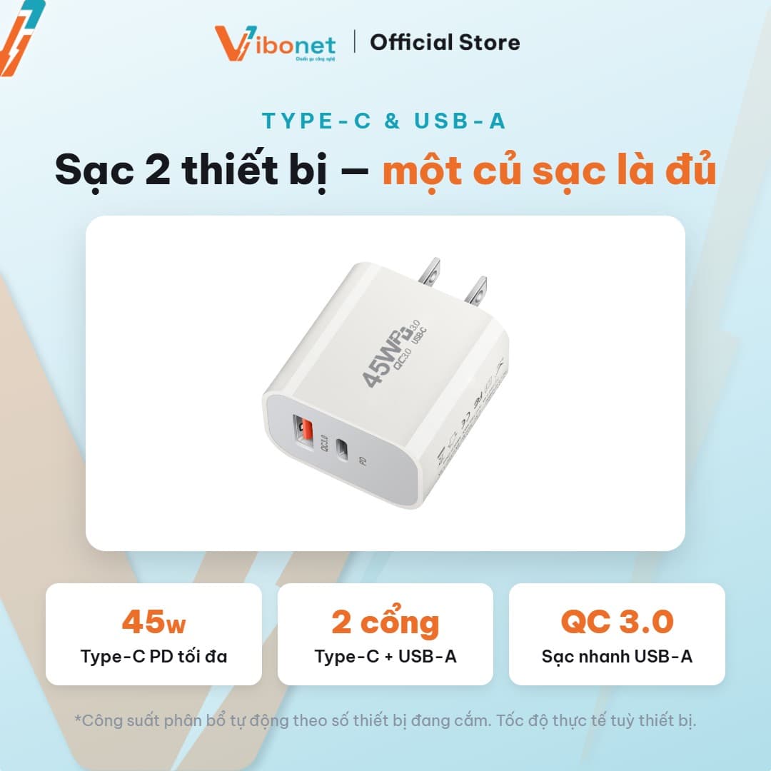 Củ sạc nhanh Vibonet 45W GaN Type-C + USB-A (PD) 4