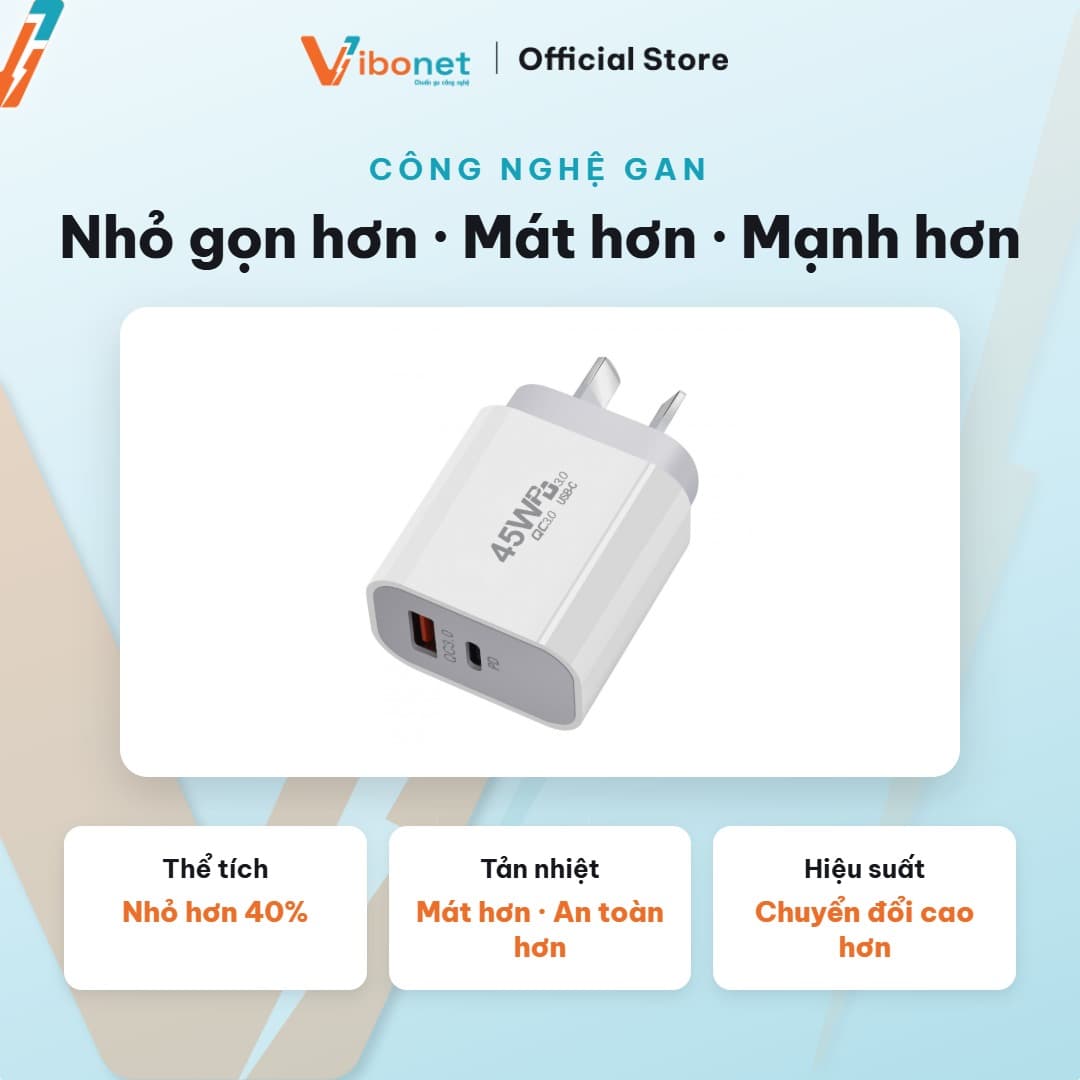 Củ sạc nhanh Vibonet 45W GaN Type-C + USB-A (PD) 5