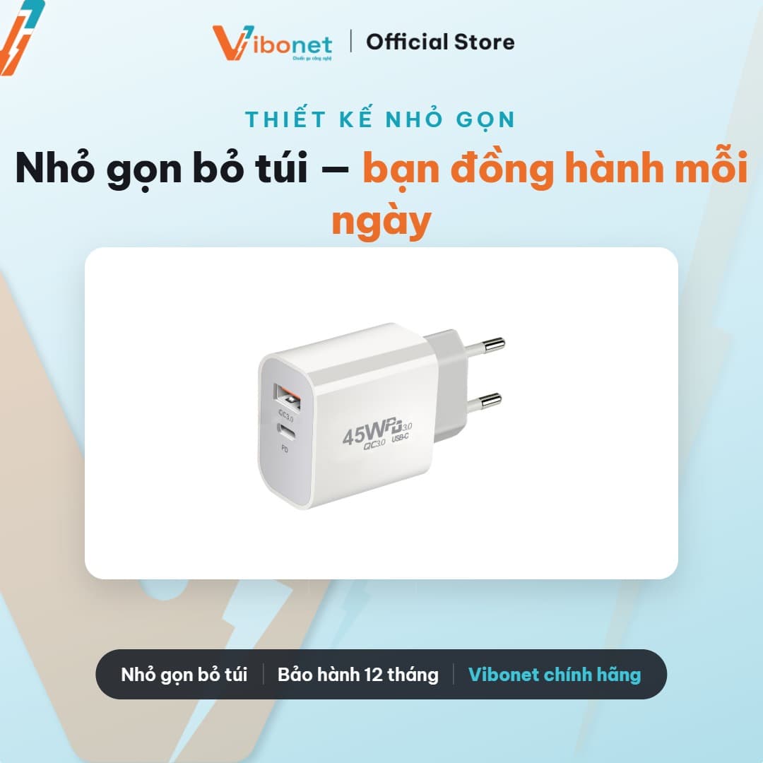 Củ sạc nhanh Vibonet 45W GaN Type-C + USB-A (PD) 6