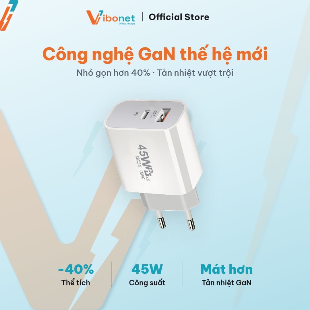 Củ sạc nhanh Vibonet 45W GaN Type-C + USB-A (PD) 7