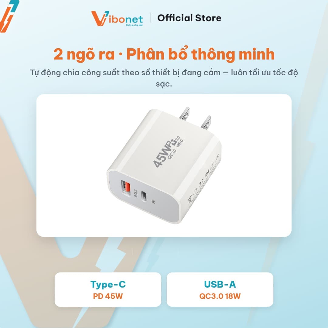 Củ sạc nhanh Vibonet 45W GaN Type-C + USB-A (PD) 8