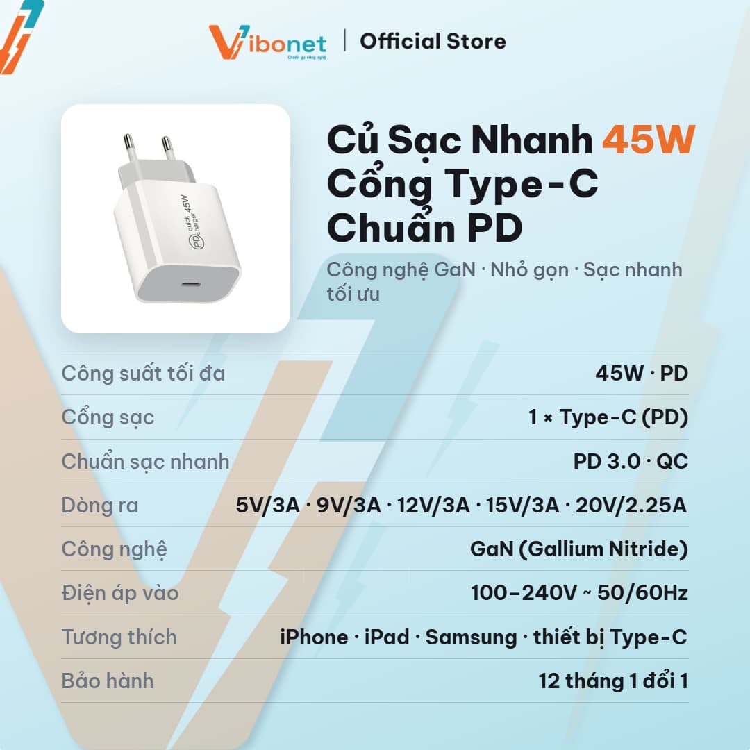 Củ sạc nhanh Vibonet 45W GaN 1 cổng Type-C (PD) 2