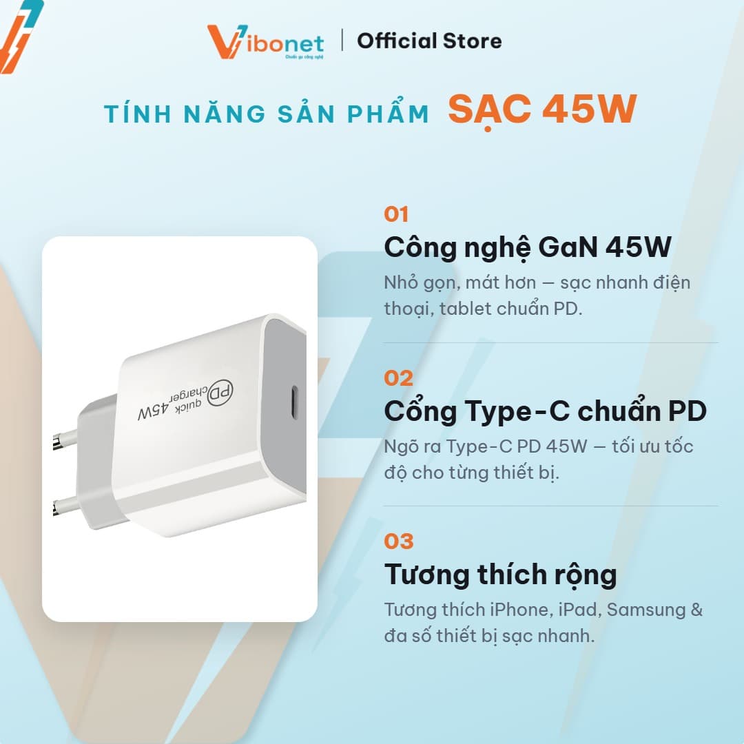 Củ sạc nhanh Vibonet 45W GaN 1 cổng Type-C (PD) 3