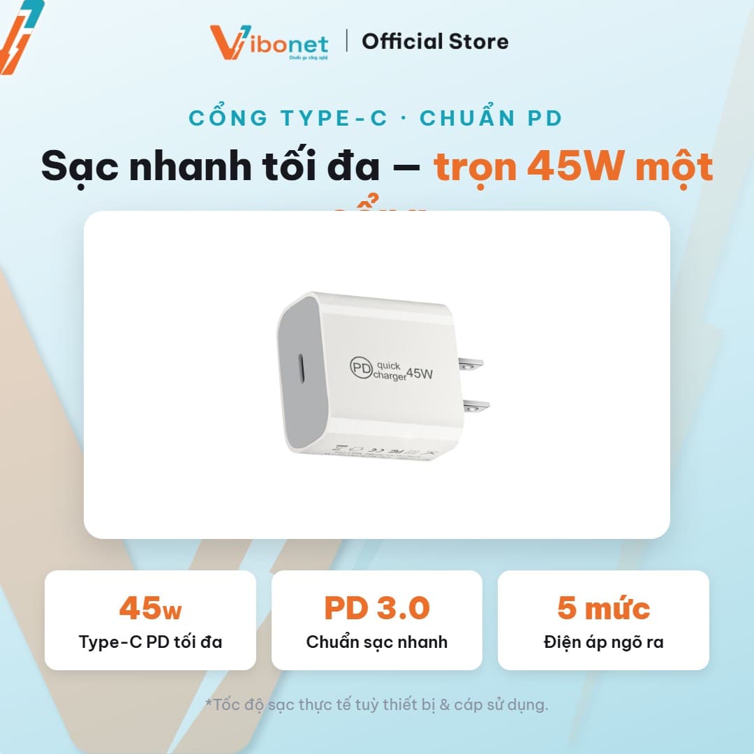 Củ sạc nhanh Vibonet 45W GaN 1 cổng Type-C (PD) 4