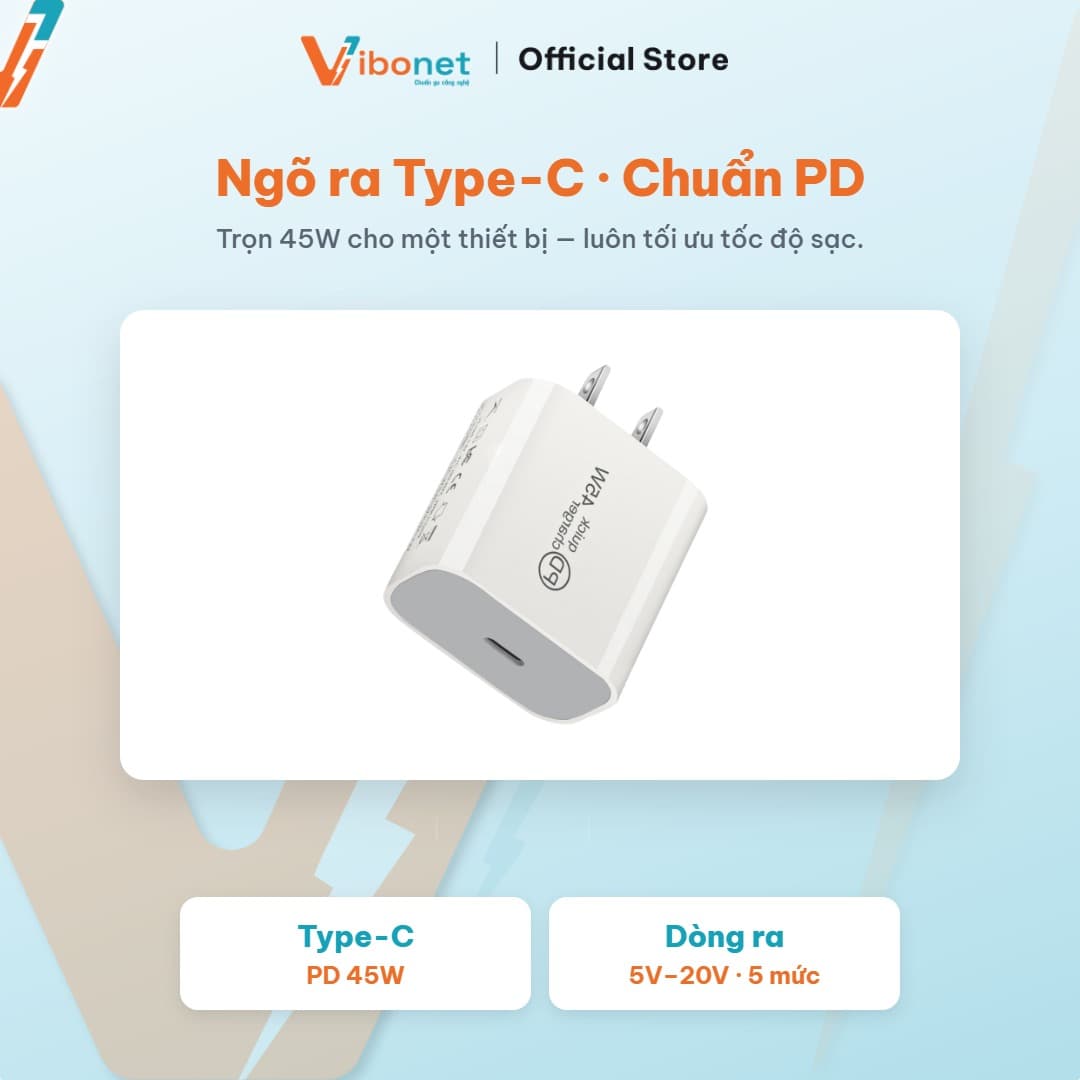 Củ sạc nhanh Vibonet 45W GaN 1 cổng Type-C (PD) 8