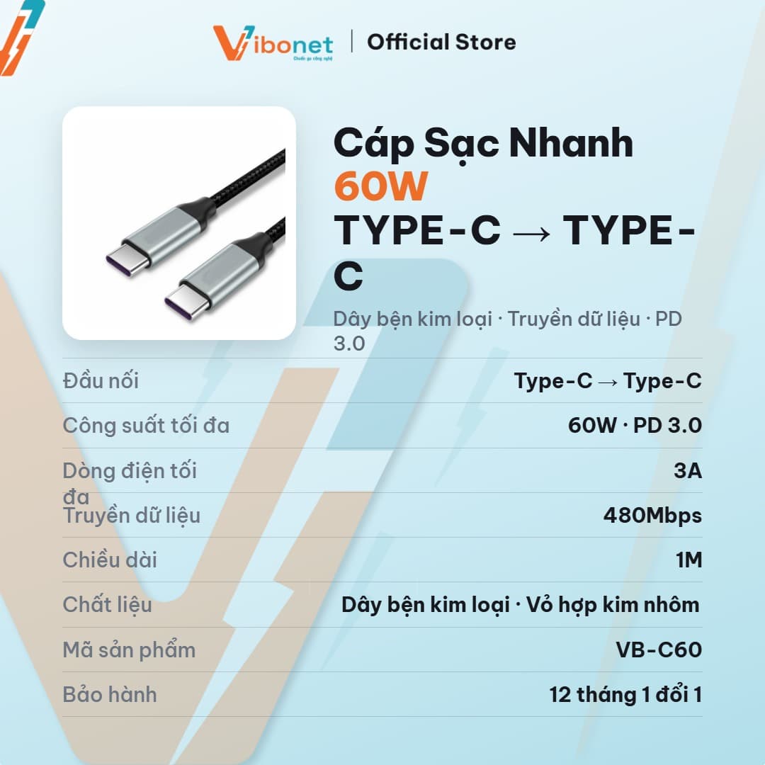 Cáp sạc nhanh Vibonet 60W Type-C bện kim loại (1m) 2