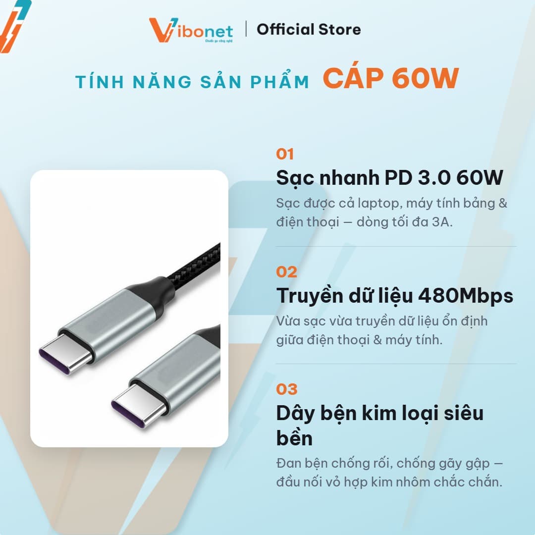 Cáp sạc nhanh Vibonet 60W Type-C bện kim loại (1m) 3
