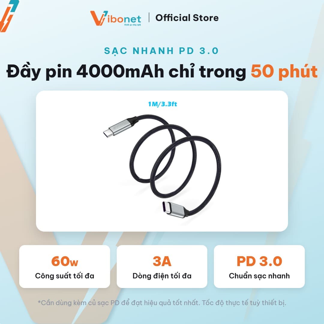 Cáp sạc nhanh Vibonet 60W Type-C bện kim loại (1m) 4