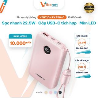 Pin sạc dự phòng tích hợp cáp sạc VENTION 10000mAh Power Bank (USB-C + USB-C/USB-C/USB-A) with Built-in USB-C 