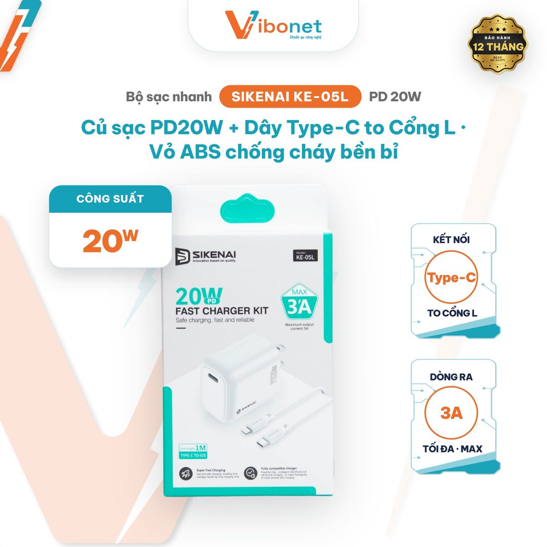 Bộ sạc nhanh Sikenai KE-05L PD 20W kèm cáp Type-C to Lightning