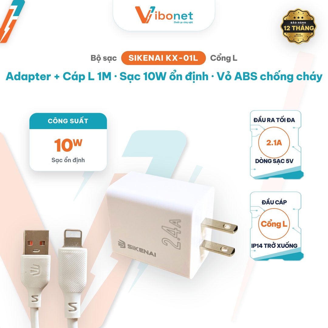 Bộ sạc Sikenai KX-01L kèm cáp Lightning 1M sạc 10W