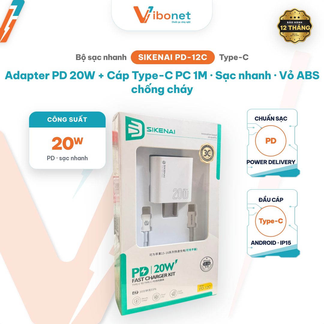 Bộ sạc nhanh Sikenai PD-12C 20W kèm cáp Type-C to Type-C 1M