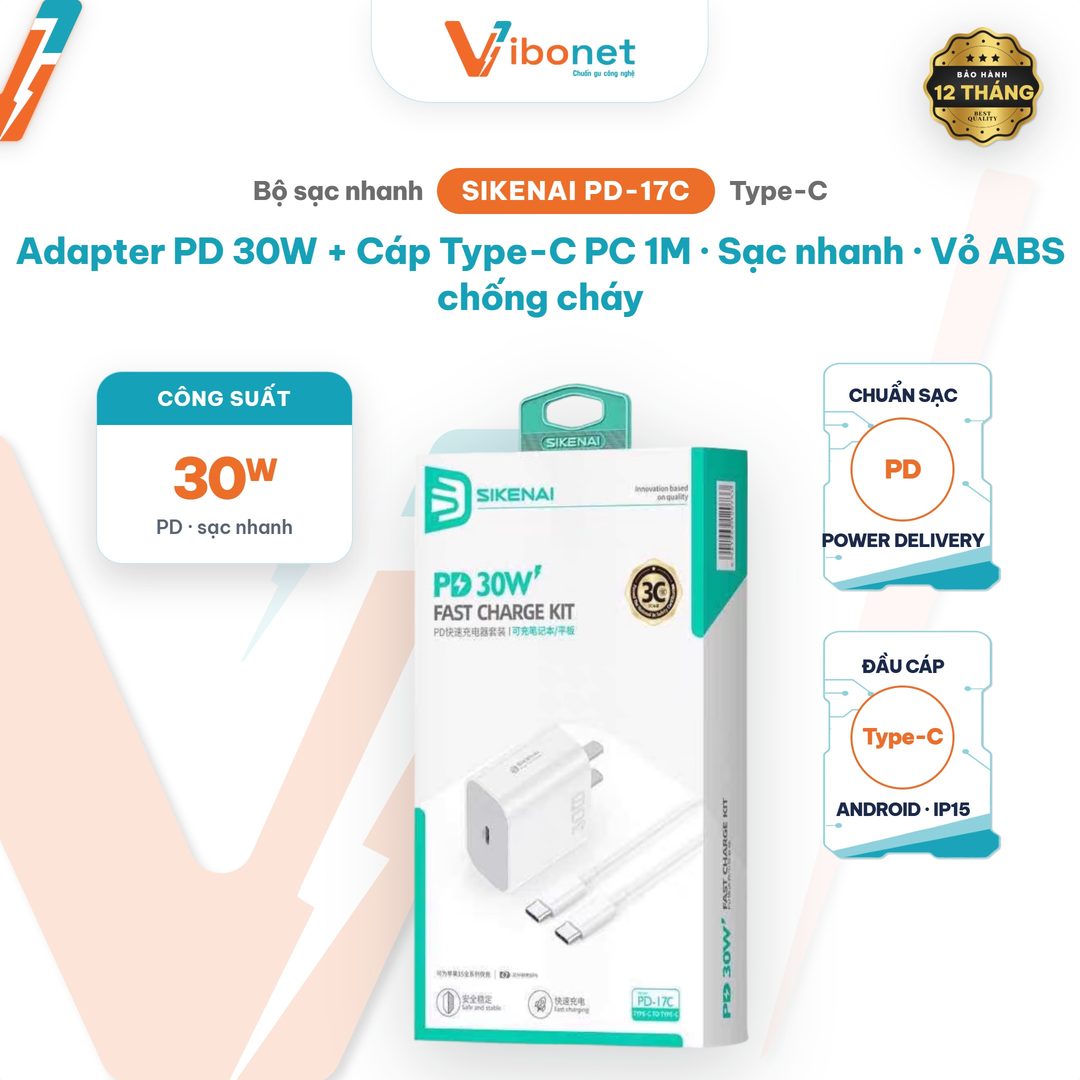 Bộ sạc nhanh Sikenai PD-17C 30W kèm cáp Type-C to Type-C 1M