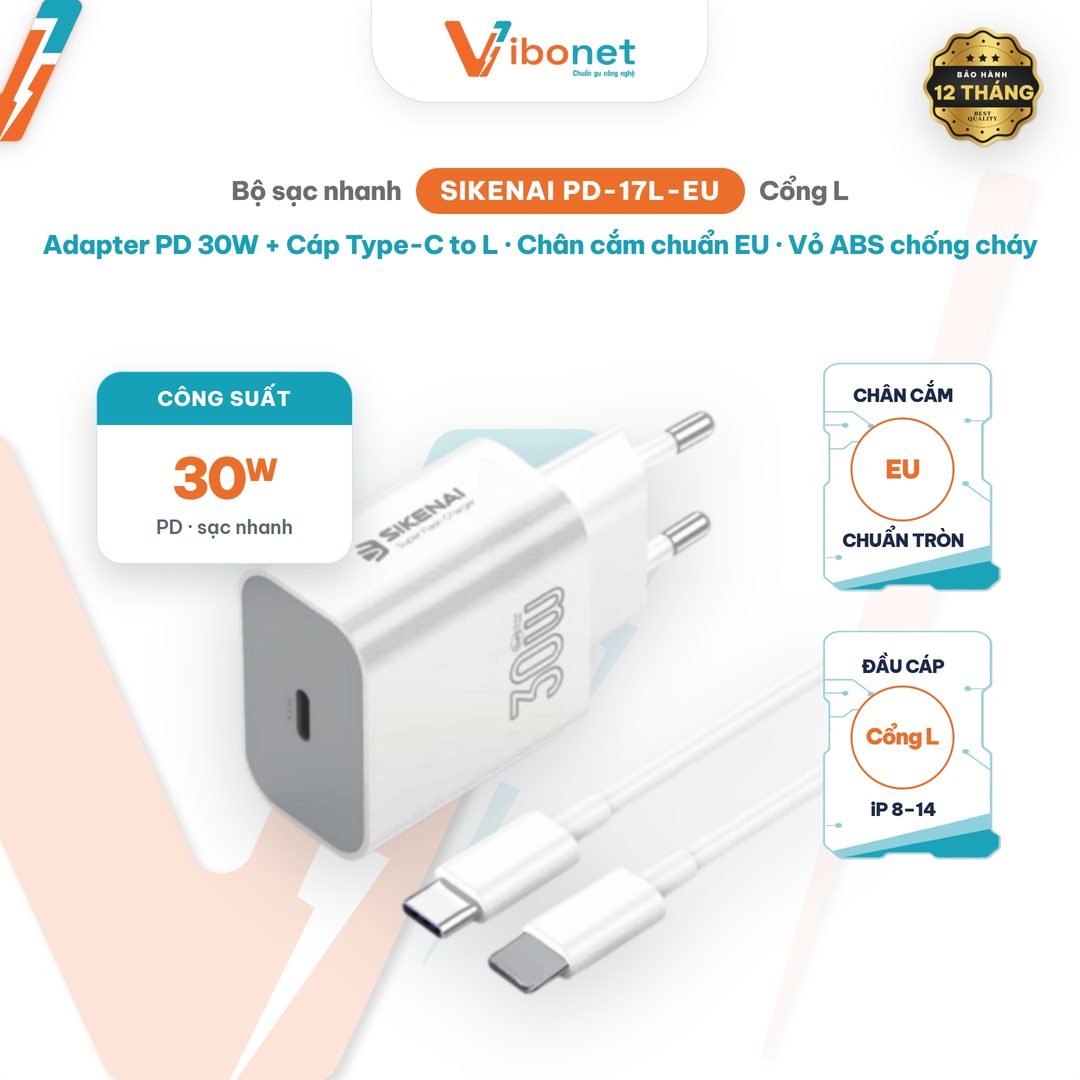 Bộ sạc nhanh Sikenai PD-17L EU 30W chân cắm tròn kèm cáp Lightning