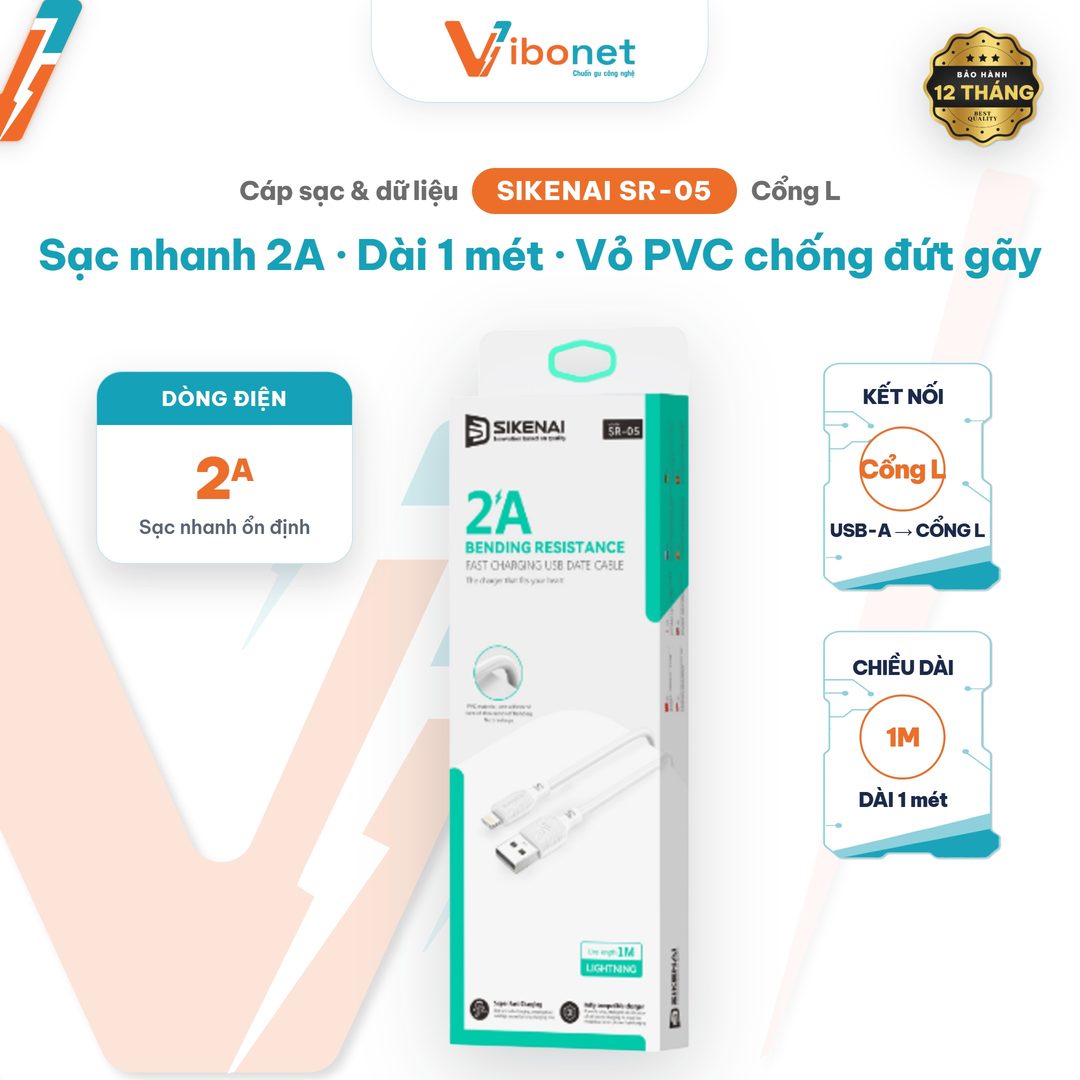 Cáp sạc Sikenai SR-05 Lightning 2A dài 1M vỏ PVC bền bỉ