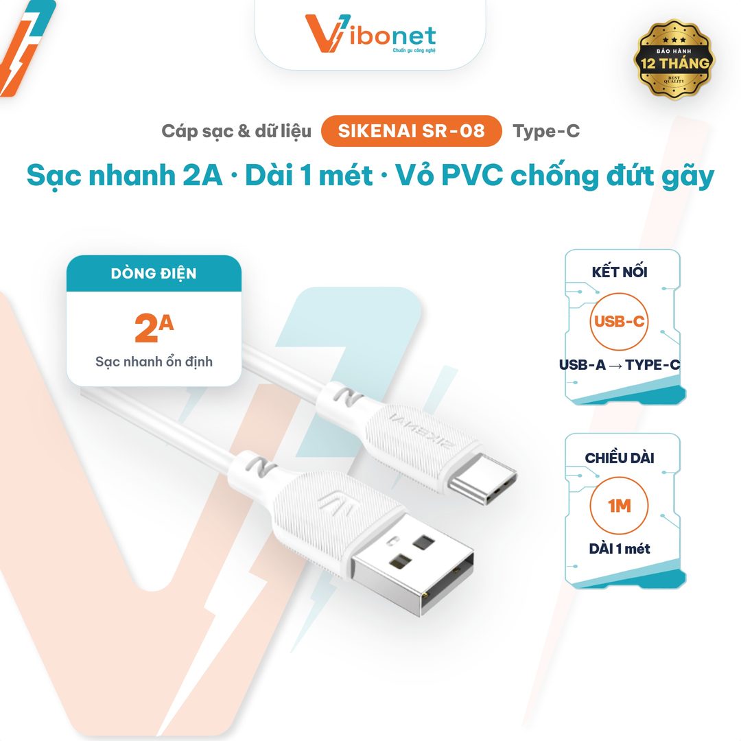 Cáp sạc Sikenai SR-08 Type-C 2A dài 1M vỏ PVC bền bỉ