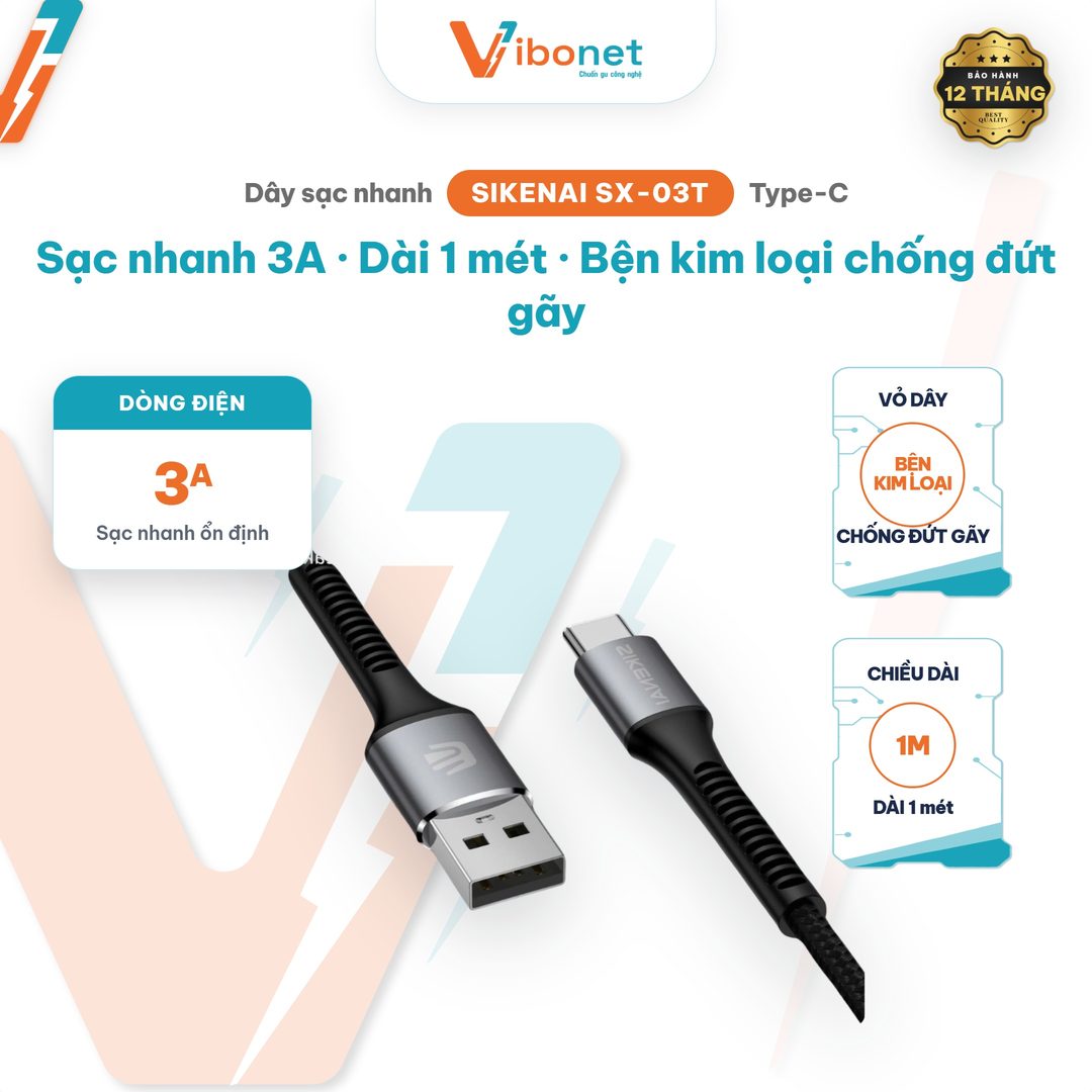 Cáp sạc Sikenai SX-03T Type-C 3A bện kim loại dài 1M