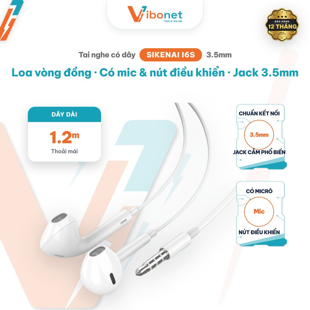 Tai nghe có dây Sikenai I6S jack 3.5mm, có mic và nút điều khiển