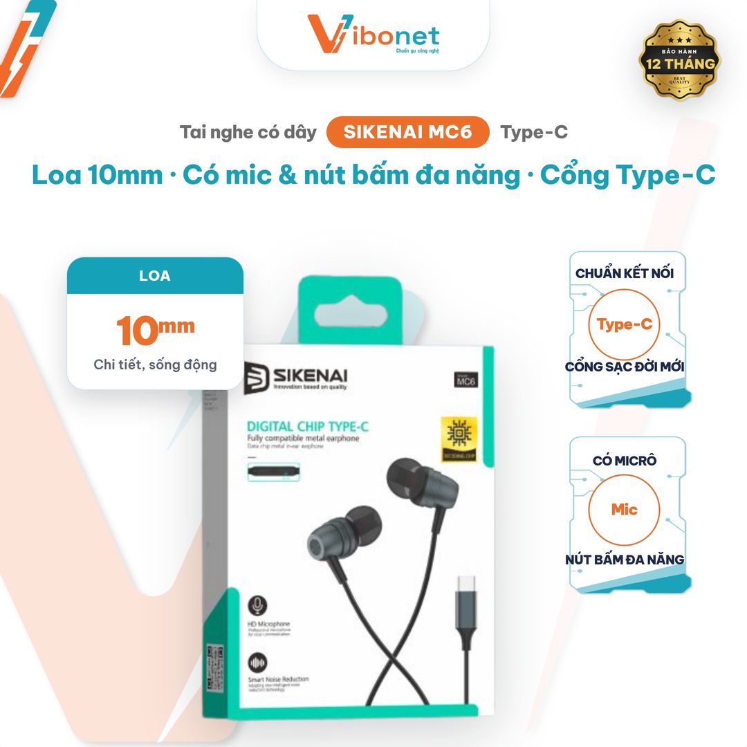 Tai nghe có dây Sikenai MC6 cổng Type-C, loa 10mm có mic