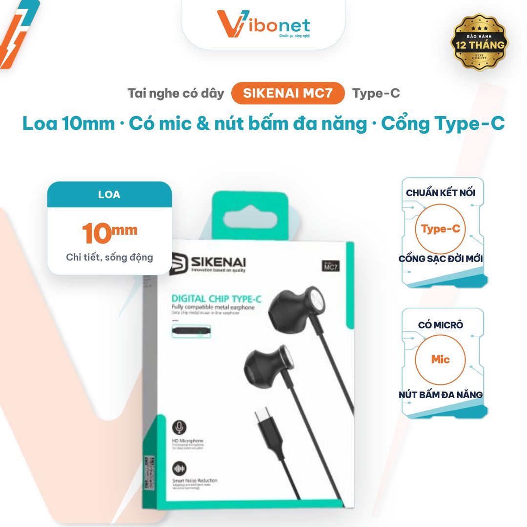 Tai nghe có dây Sikenai MC7 cổng Type-C, loa 10mm có mic