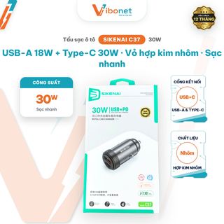 Tẩu sạc ô tô Sikenai C37 30W USB-A + Type-C vỏ hợp kim nhôm