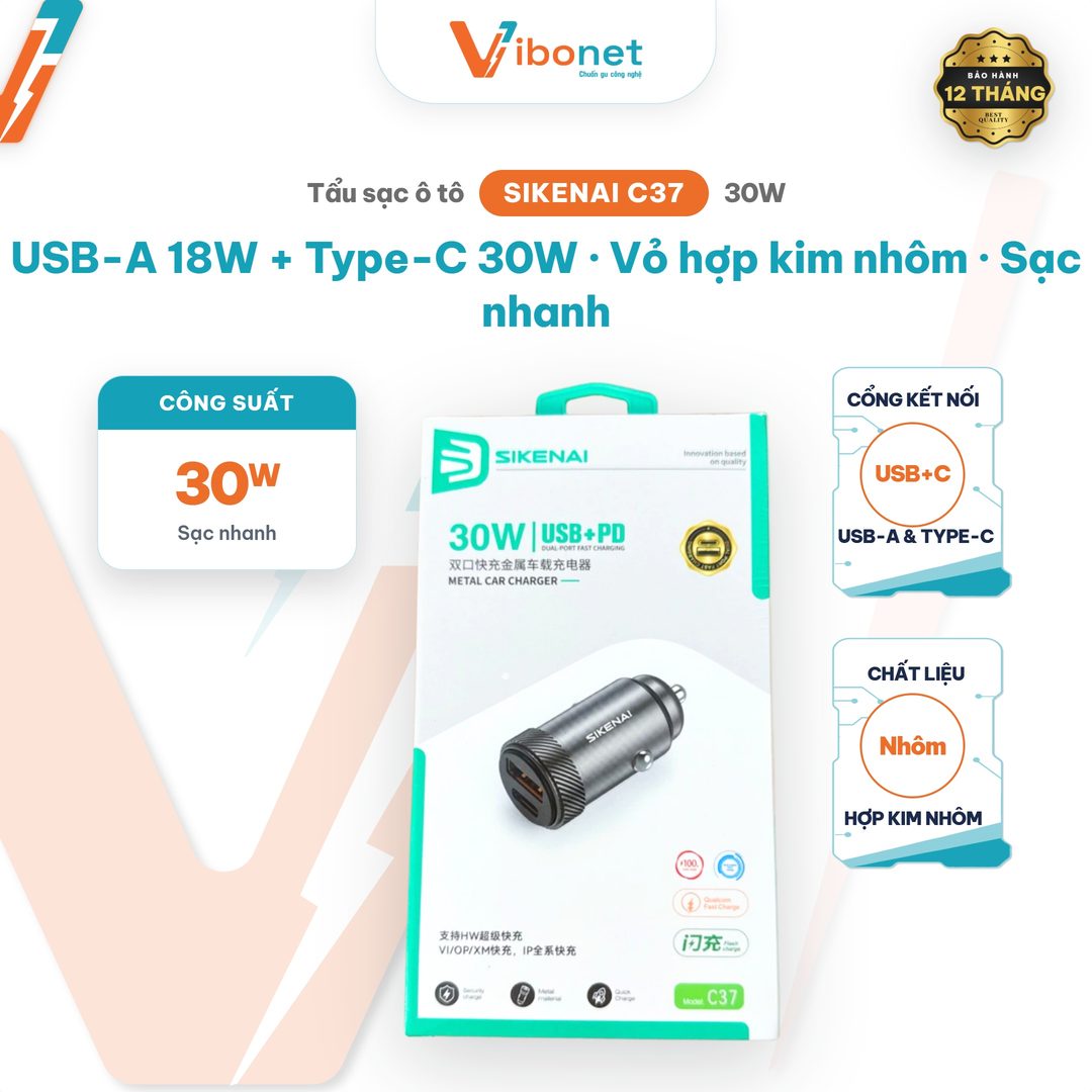 Tẩu sạc ô tô Sikenai C37 30W USB-A + Type-C vỏ hợp kim nhôm