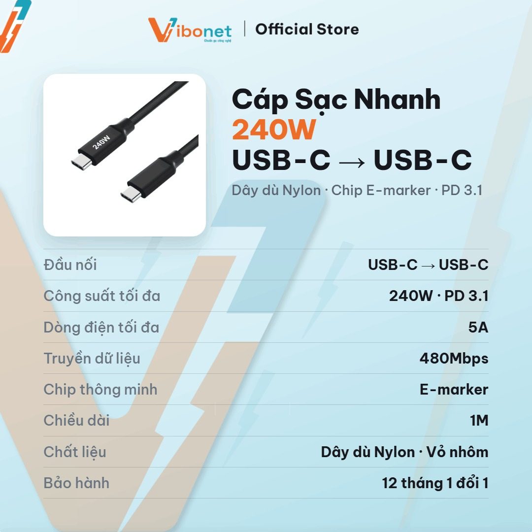 Cáp 240W chuẩn PD 3.1, dòng tối đa 5A, tích hợp chip E-marker