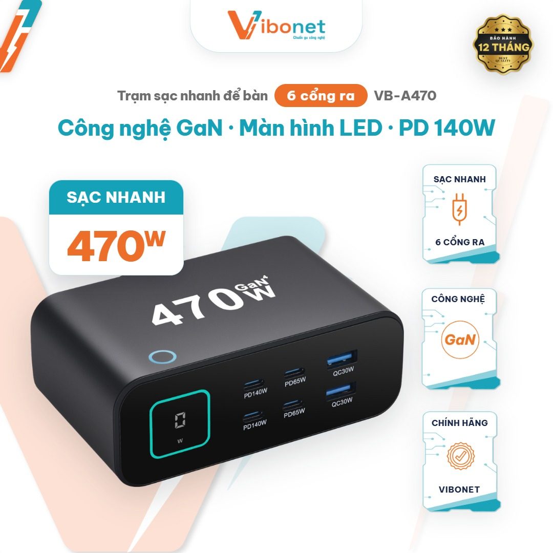 Trạm sạc để bàn Vibonet 470W GaN 6 cổng màn hình LED