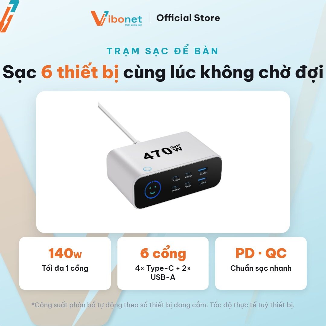 Trạm 470W 6 cổng — vừa vặn cho một người dùng hoặc góc bàn hai người.