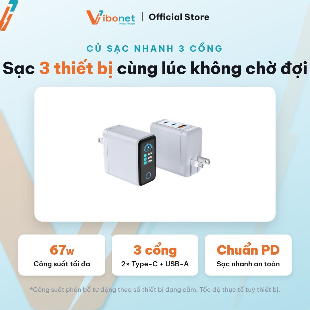 Củ 67W ba cổng thay cả bộ củ rời cho laptop, điện thoại và tai nghe.