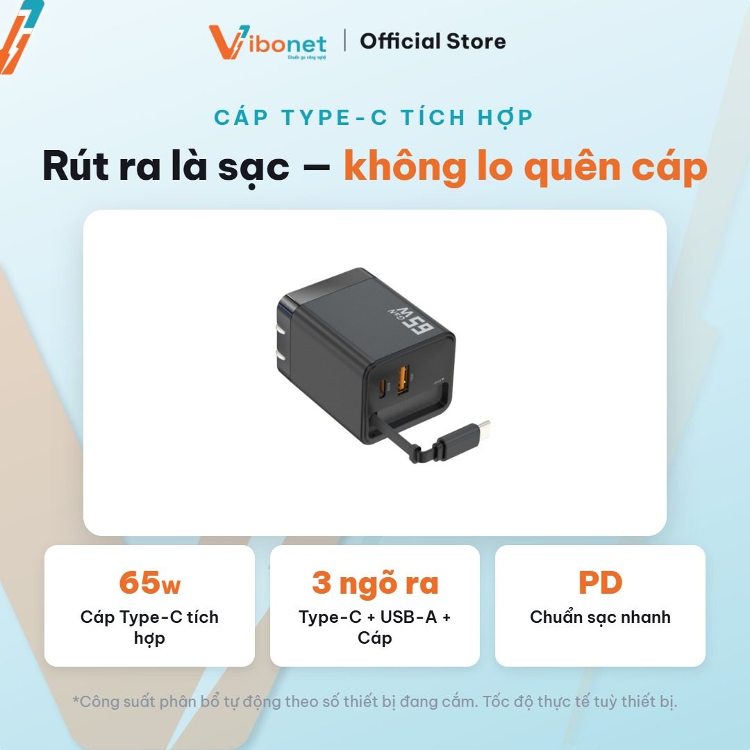 Cáp Type-C tích hợp sẵn trên thân củ, kéo ra là sạc