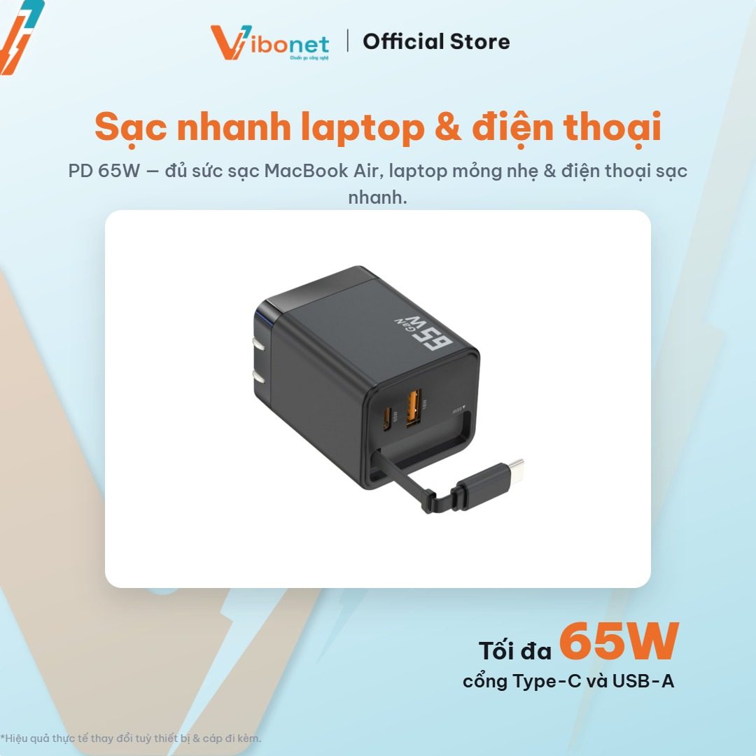 Cáp tích hợp 65W đủ sức sạc laptop mỏng nhẹ khi di chuyển