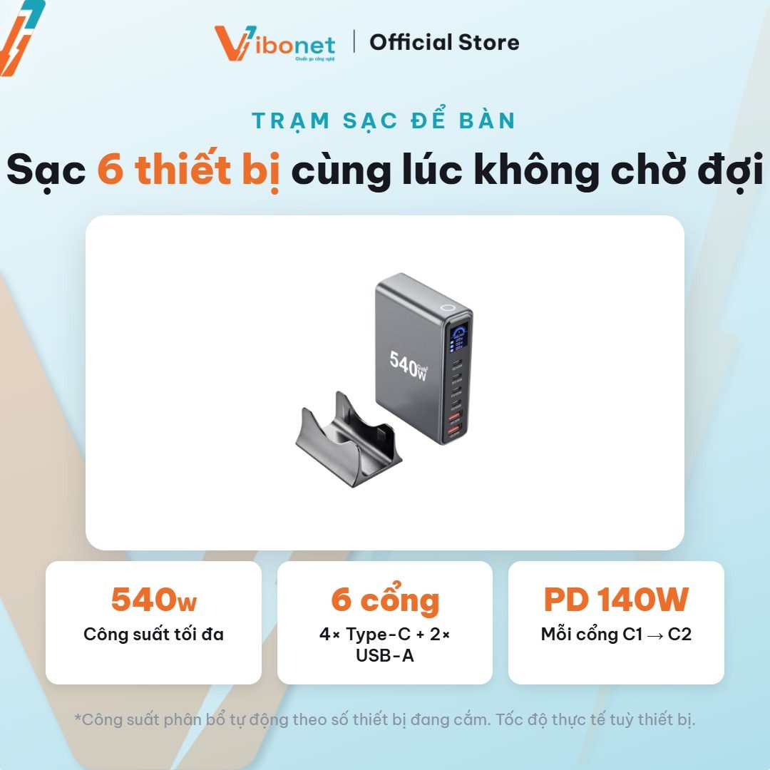 Trạm 540W cấp nguồn đồng thời cho laptop, điện thoại và phụ kiện trên cùng một bàn.