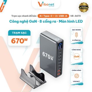 Trạm sạc để bàn Vibonet 670W GaN 8 cổng màn hình LED