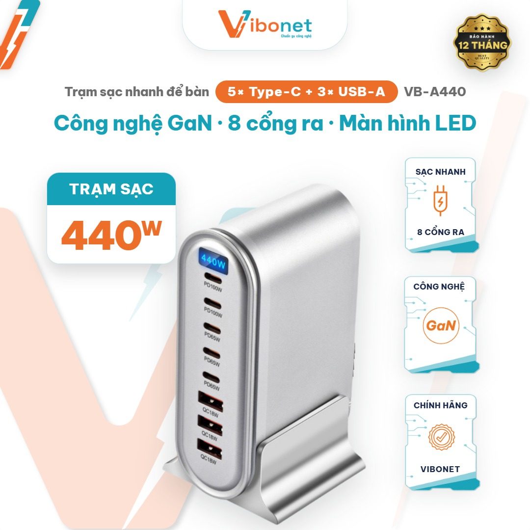 Trạm sạc để bàn Vibonet 440W GaN 8 cổng màn hình LED