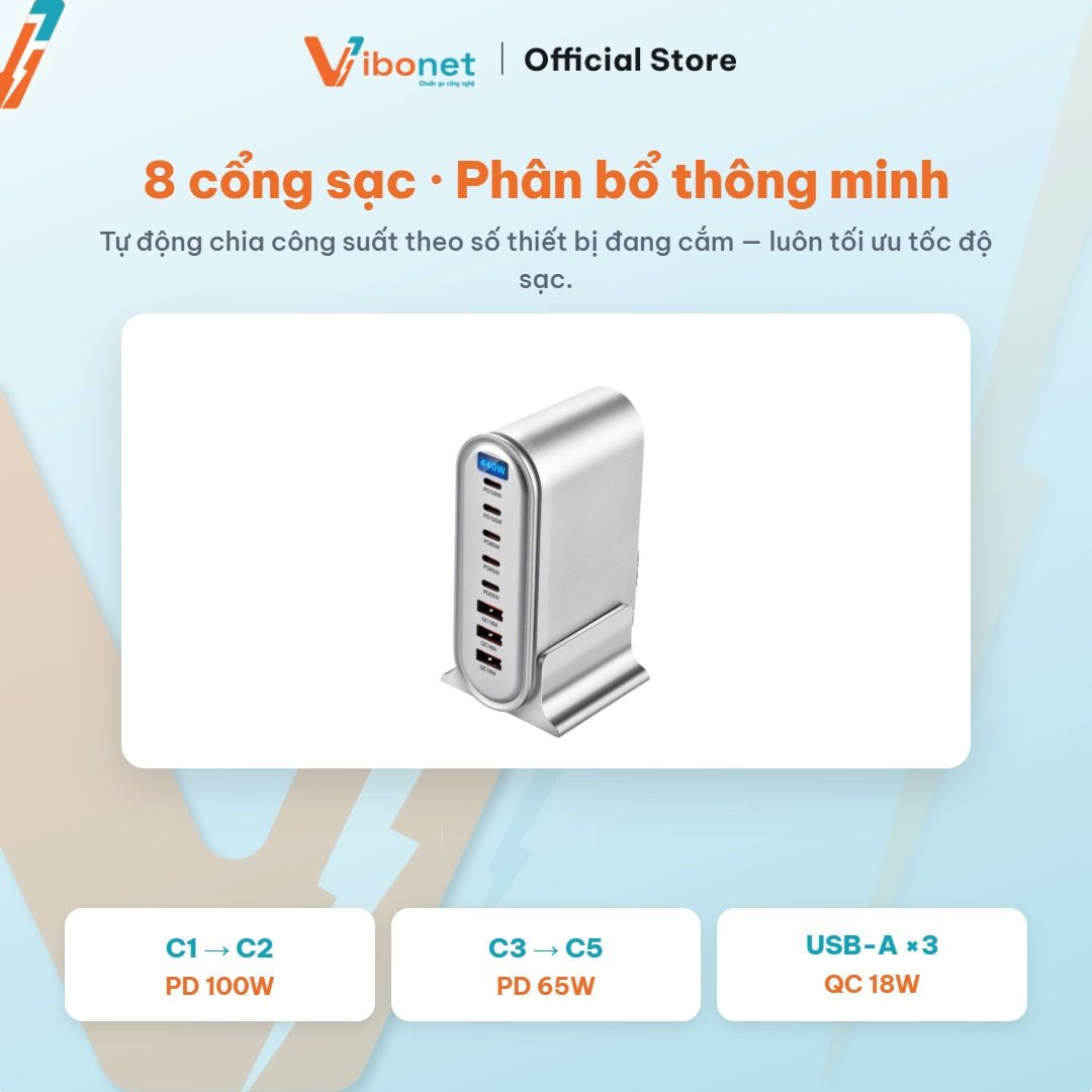 8 cổng sạc trên trạm Vibonet 440W đủ cho cả nhà cùng cắm