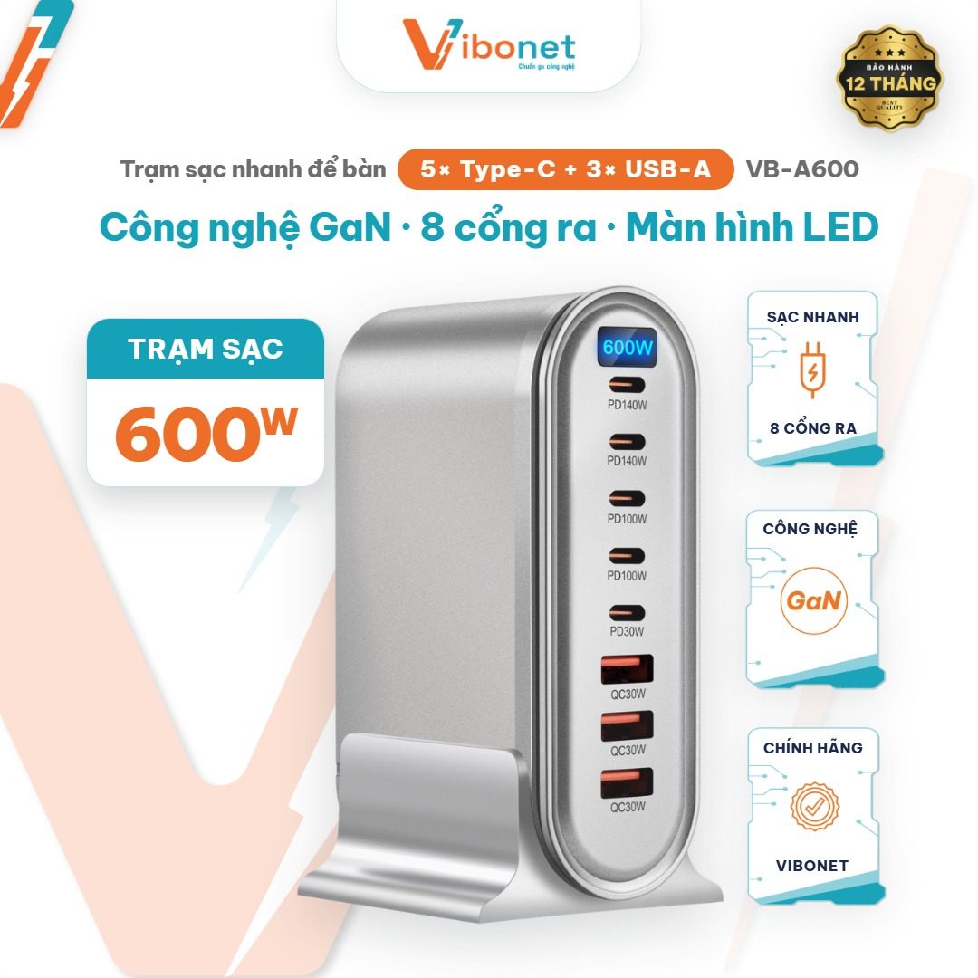 Trạm sạc để bàn Vibonet 600W GaN 8 cổng màn hình LED