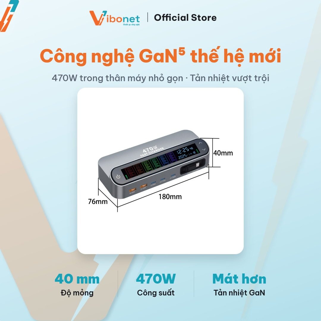 Thân GaN⁵ gọn của trạm sạc thông minh Vibonet 470W