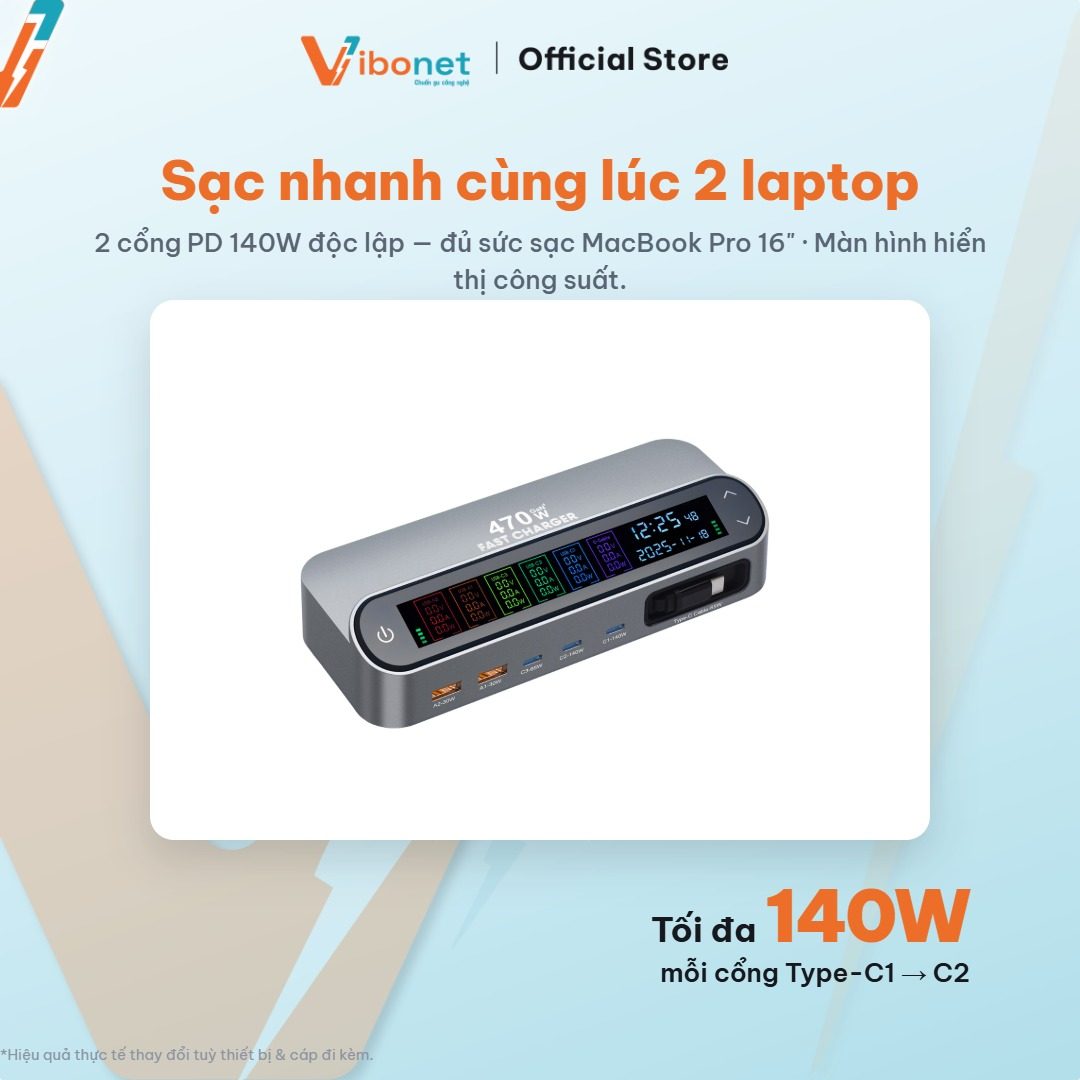 Vibonet 470W sạc laptop trong khi màn hình theo dõi từng ngõ