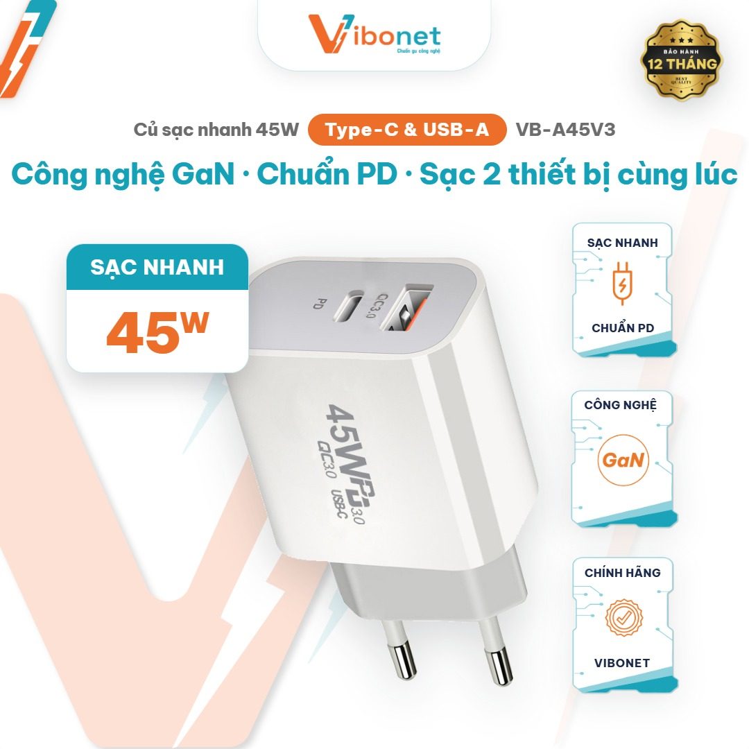 Củ sạc nhanh Vibonet 45W GaN Type-C + USB-A (PD)