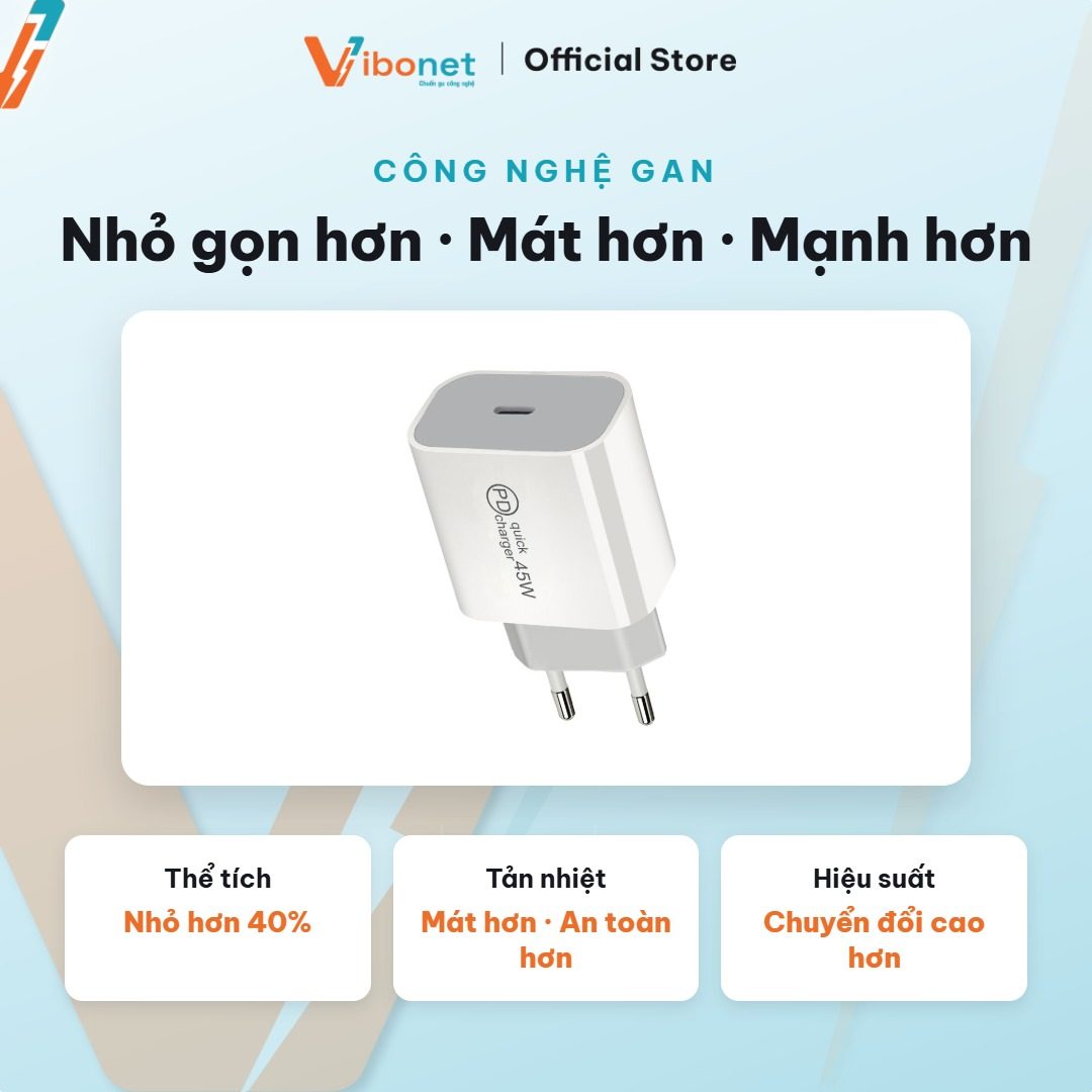 Nhờ GaN, củ 45W giữ thân nhỏ và chạy mát ngay cả khi sạc lâu.