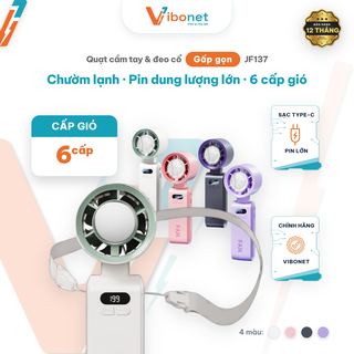 Quạt cầm tay Vibonet JF137 Pin trâu 4000mAh Gió mạnh nhiều cấp độ Màn hình LED Có Dây Đeo Cổ | Chính hãng