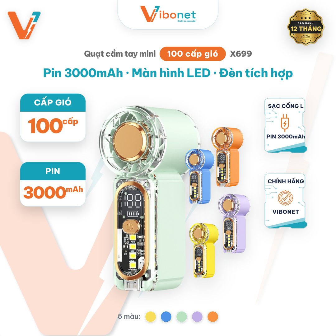 Quạt cầm tay mini Vibonet X699 Pin trâu 3000mAh Gió mạnh nhiều cấp độ có Màn hình LED và Tích hợp Đèn | Chính 