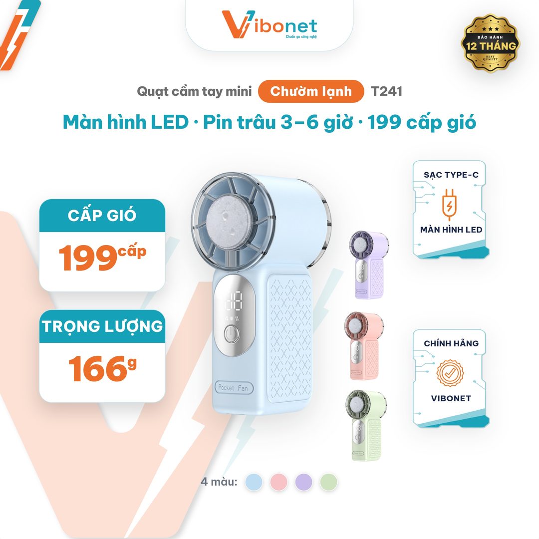 Quạt cầm tay mini Vibonet T241 Nhỏ Gọn Tiện Lợi Siêu mát Pin trâu có Màn hình LED | Chính hãng