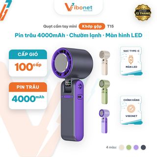 Quạt cầm tay Vibonet T15S Pin trâu 4000mAh Gió mạnh nhiều cấp độ có Màn hình LED Siêu mát | Chính hãng