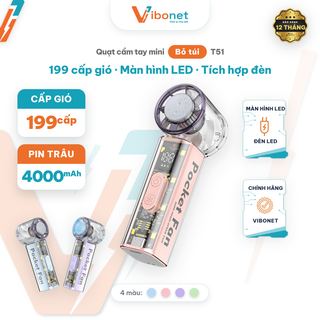 Quạt cầm tay mini Vibonet T51 Pin trâu Gió mạnh nhiều cấp độ có Màn hình LED và Tích hợp Đèn | Chính hãng