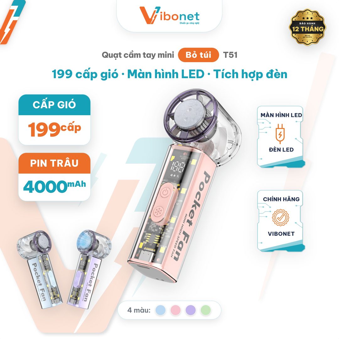 Quạt cầm tay mini Vibonet T51 Pin trâu Gió mạnh nhiều cấp độ có Màn hình LED và Tích hợp Đèn | Chính hãng